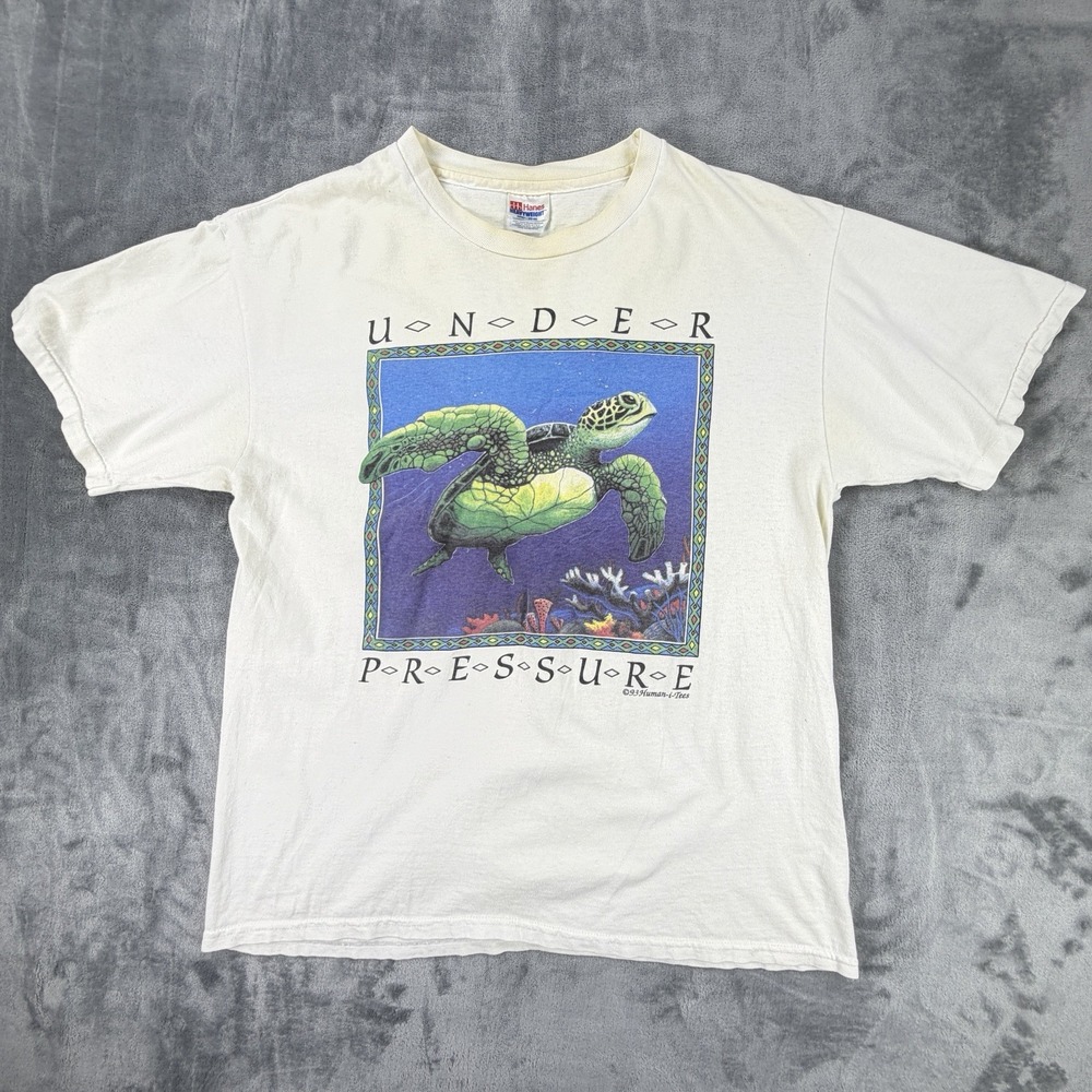 Vintage 1993 Human-i-Tees Under Pressure Sea Turtle T Shirt L Single Stitch